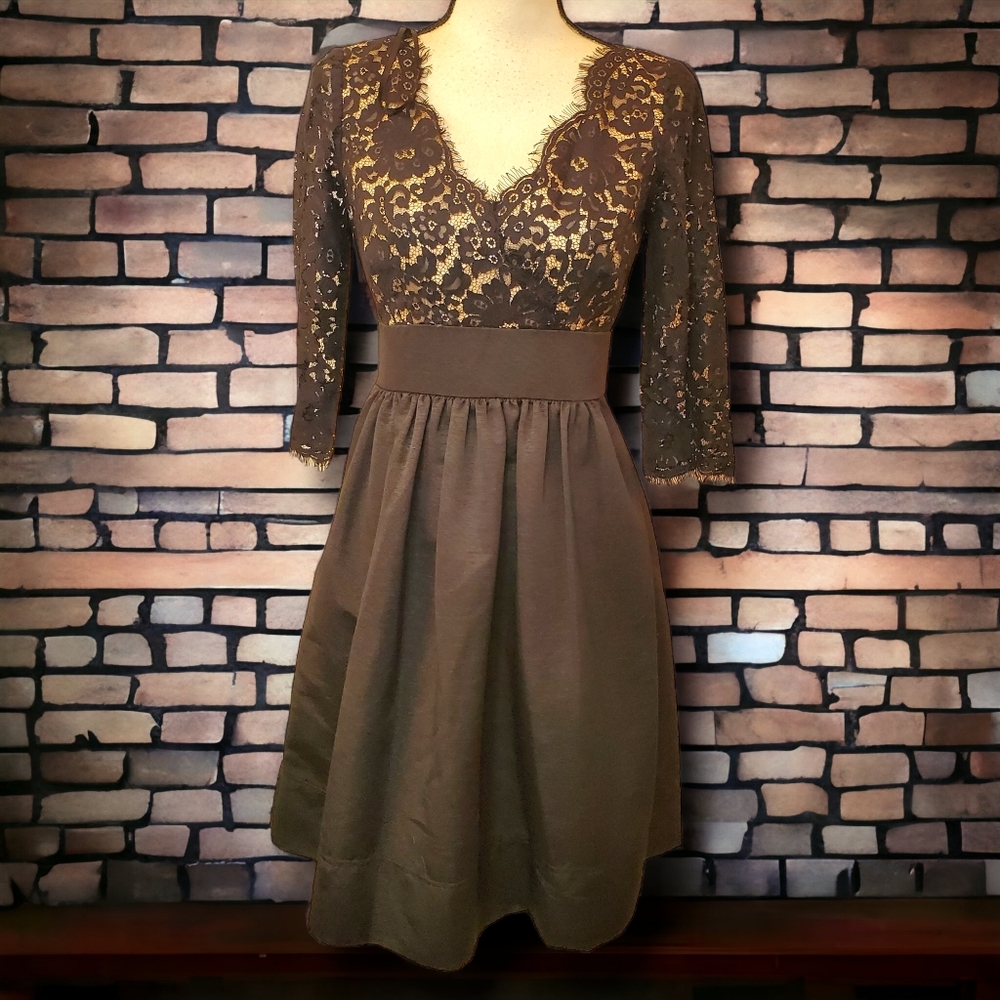 Eliza J Solid Black Dress Lace Bodice Silk Trim Above Knee V Neck Women's Size 2